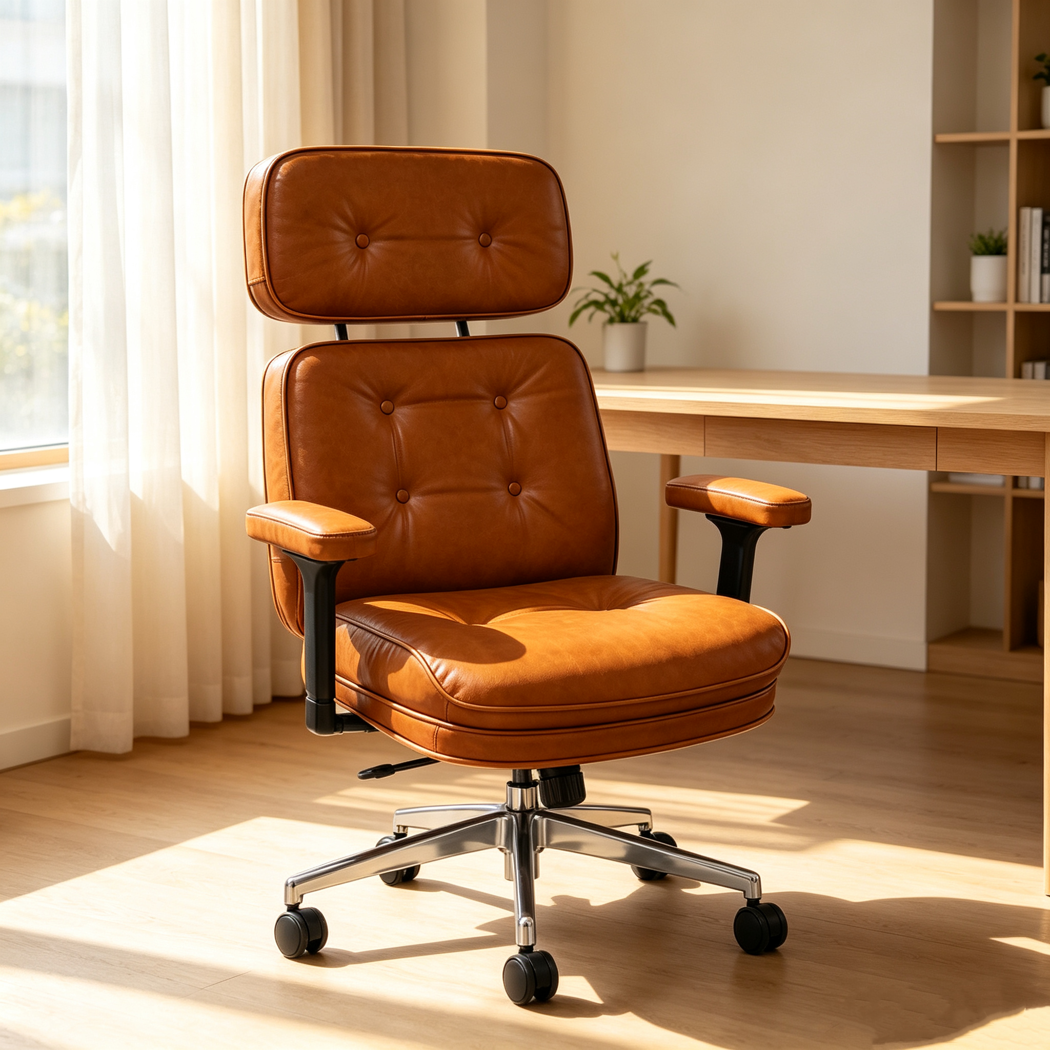 eChamp Genuine Leather Office Chair, High Back Executive Desk Chairs with Aluminum Arms and Wheels, with Threst and Ergonomic Lumbar Support, Brown