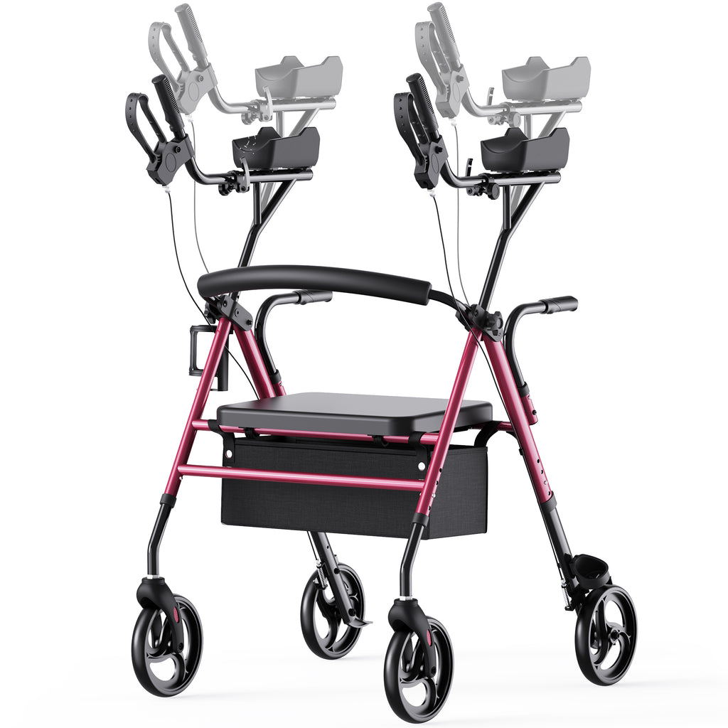 Verpal Upright Rollator Walker for Seniors, Foldable Stand Up Rollator Walker with Adjustable Padded Armrests & Seat, 2-in-1 Mobility Rollator Walker with 8" All-Terrain Wheels & Assist Handle