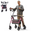 Morrean Stand Up Folding Rollator Walker for Seniors, 2-in-1 Mobility Upright Rollator Walker with Adjustable Padded Armrests & Seat, All-Terrain Rolling Walker with 8" Wheels, Assist Handle, Red