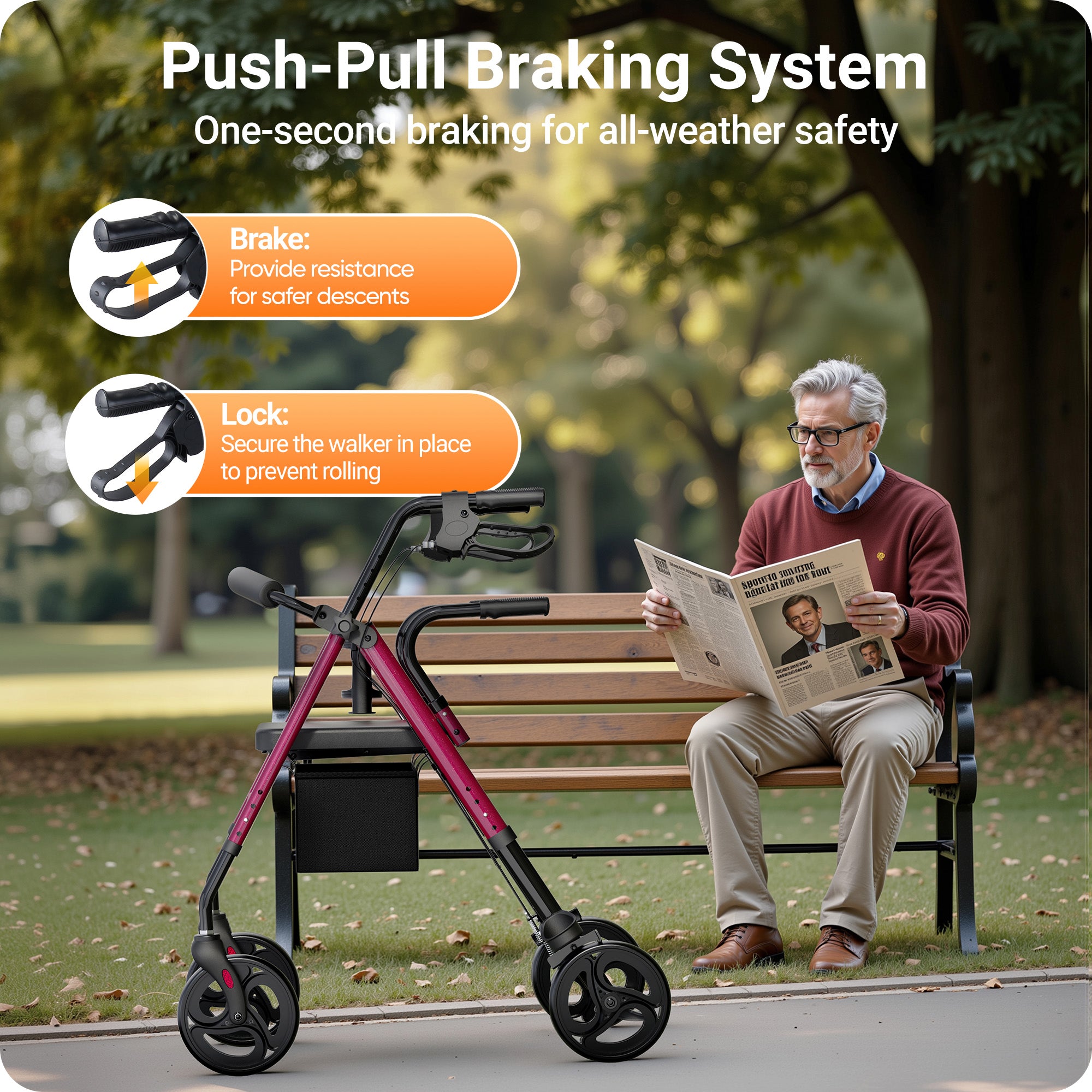 Verpal Upright Rollator Walker for Seniors, Foldable Stand Up Rollator Walker with Adjustable Padded Armrests & Seat, 2-in-1 Mobility Rollator Walker with 8" All-Terrain Wheels & Assist Handle