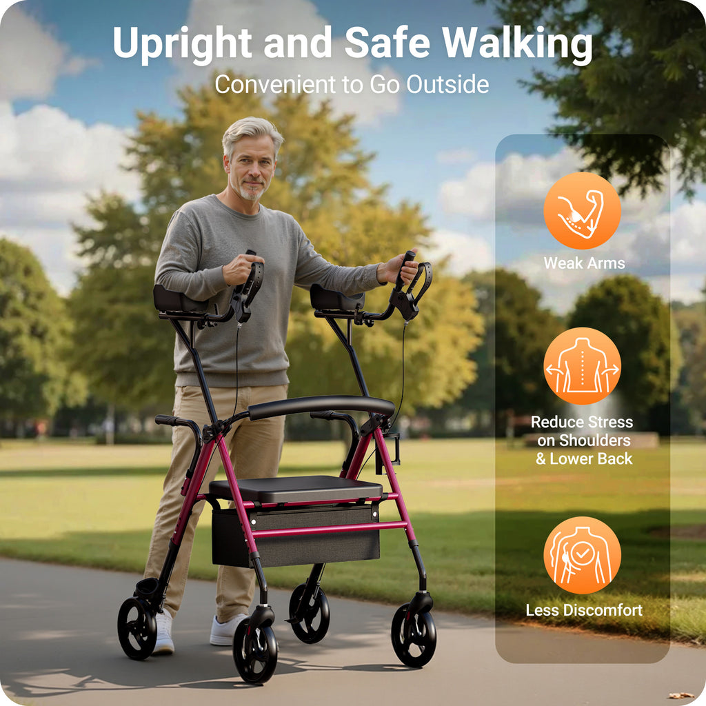 Morrean Stand Up Folding Rollator Walker for Seniors, 2-in-1 Mobility Upright Rollator Walker with Adjustable Padded Armrests & Seat, All-Terrain Rolling Walker with 8" Wheels, Assist Handle, Red