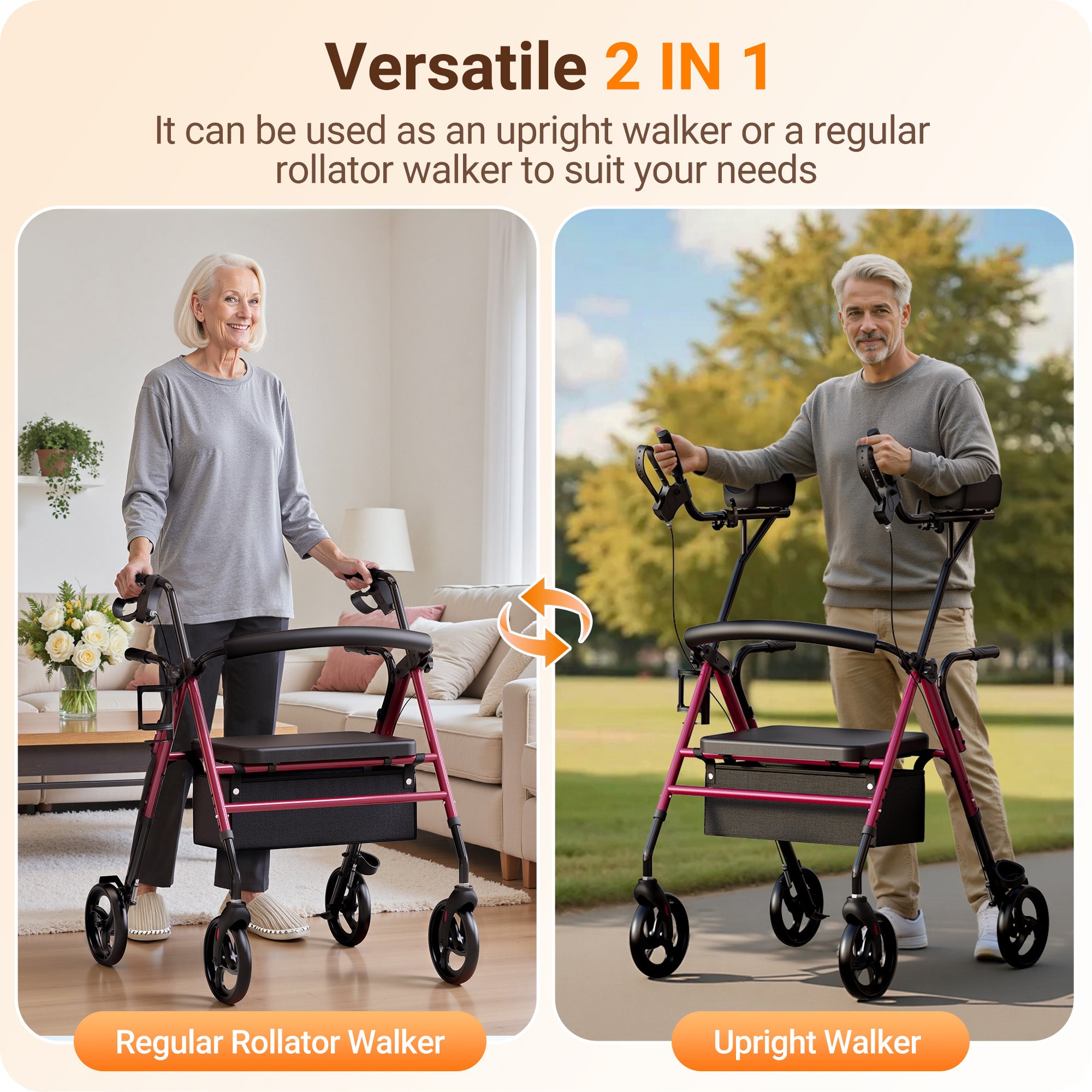 Verpal Upright Rollator Walker for Seniors, Foldable Stand Up Rollator Walker with Adjustable Padded Armrests & Seat, 2-in-1 Mobility Rollator Walker with 8" All-Terrain Wheels & Assist Handle