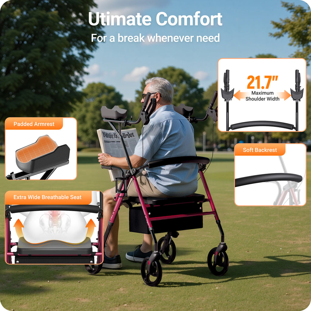 Verpal Upright Rollator Walker for Seniors, Foldable Stand Up Rollator Walker with Adjustable Padded Armrests & Seat, 2-in-1 Mobility Rollator Walker with 8" All-Terrain Wheels & Assist Handle