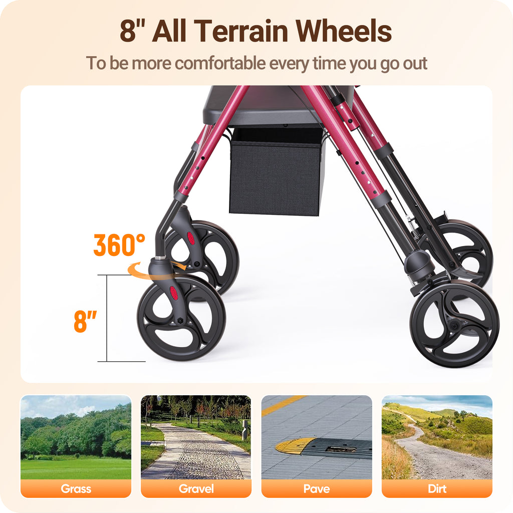 Morrean Stand Up Folding Rollator Walker for Seniors, 2-in-1 Mobility Upright Rollator Walker with Adjustable Padded Armrests & Seat, All-Terrain Rolling Walker with 8" Wheels, Assist Handle, Red