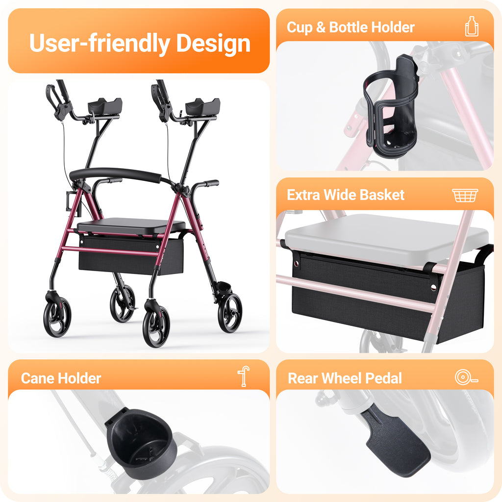Verpal Upright Rollator Walker for Seniors, Foldable Stand Up Rollator Walker with Adjustable Padded Armrests & Seat, 2-in-1 Mobility Rollator Walker with 8" All-Terrain Wheels & Assist Handle