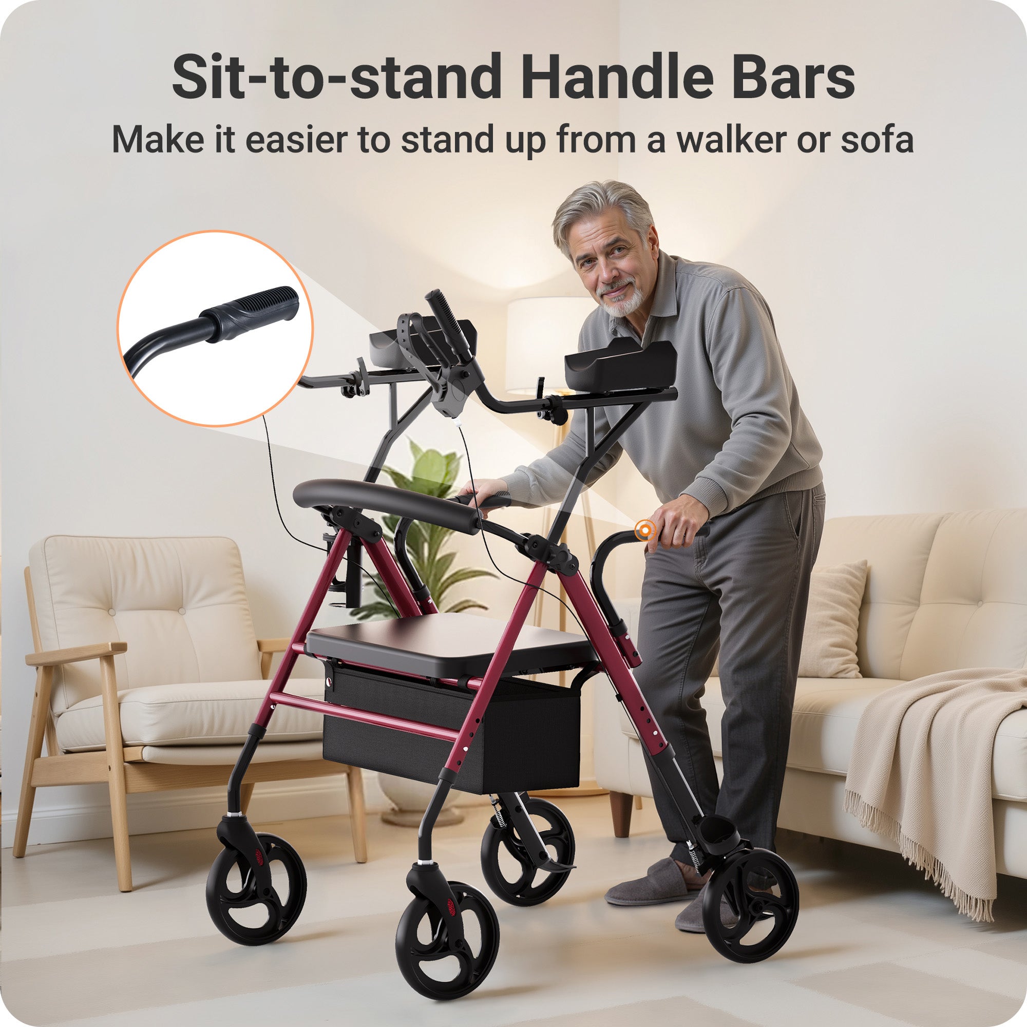 Verpal Upright Rollator Walker for Seniors, Foldable Stand Up Rollator Walker with Adjustable Padded Armrests & Seat, 2-in-1 Mobility Rollator Walker with 8" All-Terrain Wheels & Assist Handle