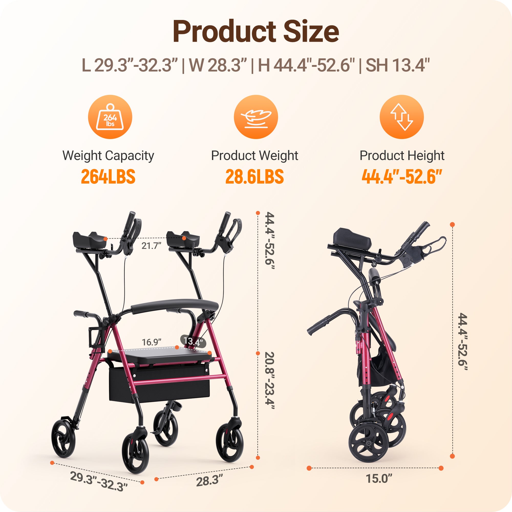 Morrean Stand Up Folding Rollator Walker for Seniors, 2-in-1 Mobility Upright Rollator Walker with Adjustable Padded Armrests & Seat, All-Terrain Rolling Walker with 8" Wheels, Assist Handle, Red