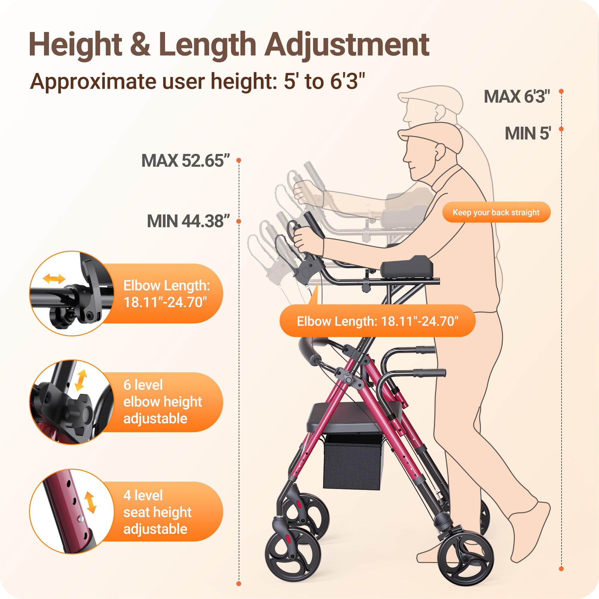 Morrean Stand Up Folding Rollator Walker for Seniors, 2-in-1 Mobility Upright Rollator Walker with Adjustable Padded Armrests & Seat, All-Terrain Rolling Walker with 8" Wheels, Assist Handle, Red