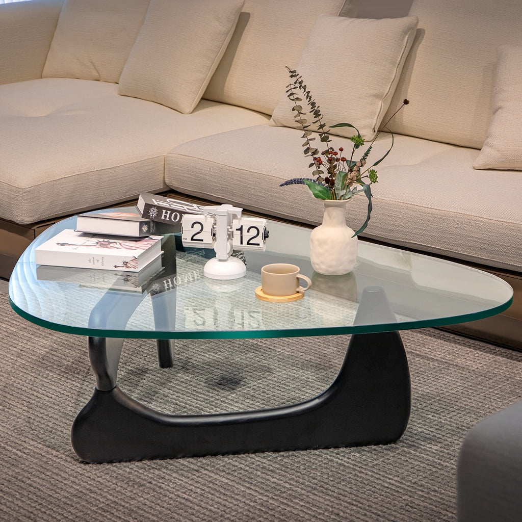 Cottinch 50" Triangle Glass Coffee Table with Wood Base for Living Room Office