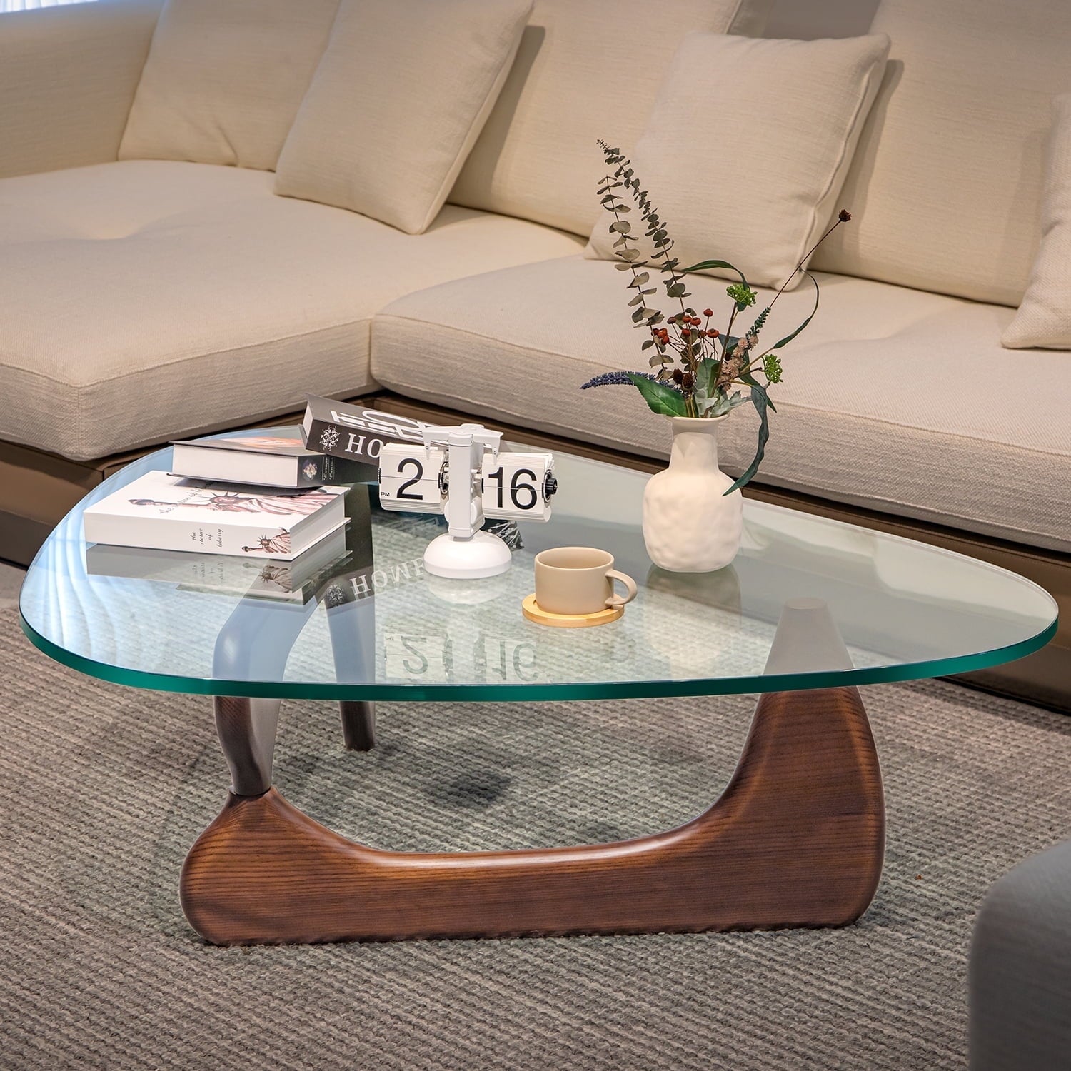Cottinch 50" Triangle Glass Coffee Table with Wood Base for Living Room Office
