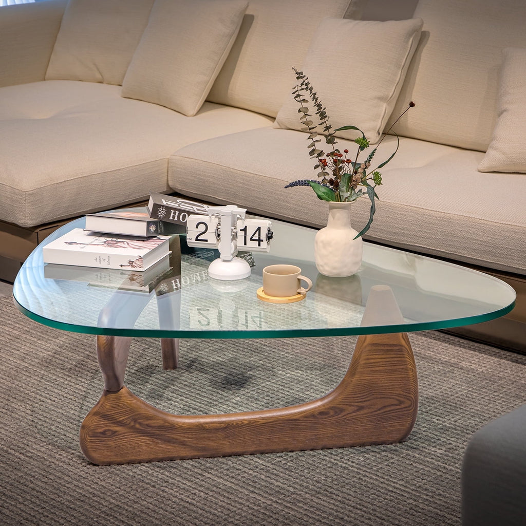 Cottinch 50" Triangle Glass Coffee Table with Wood Base for Living Room Office