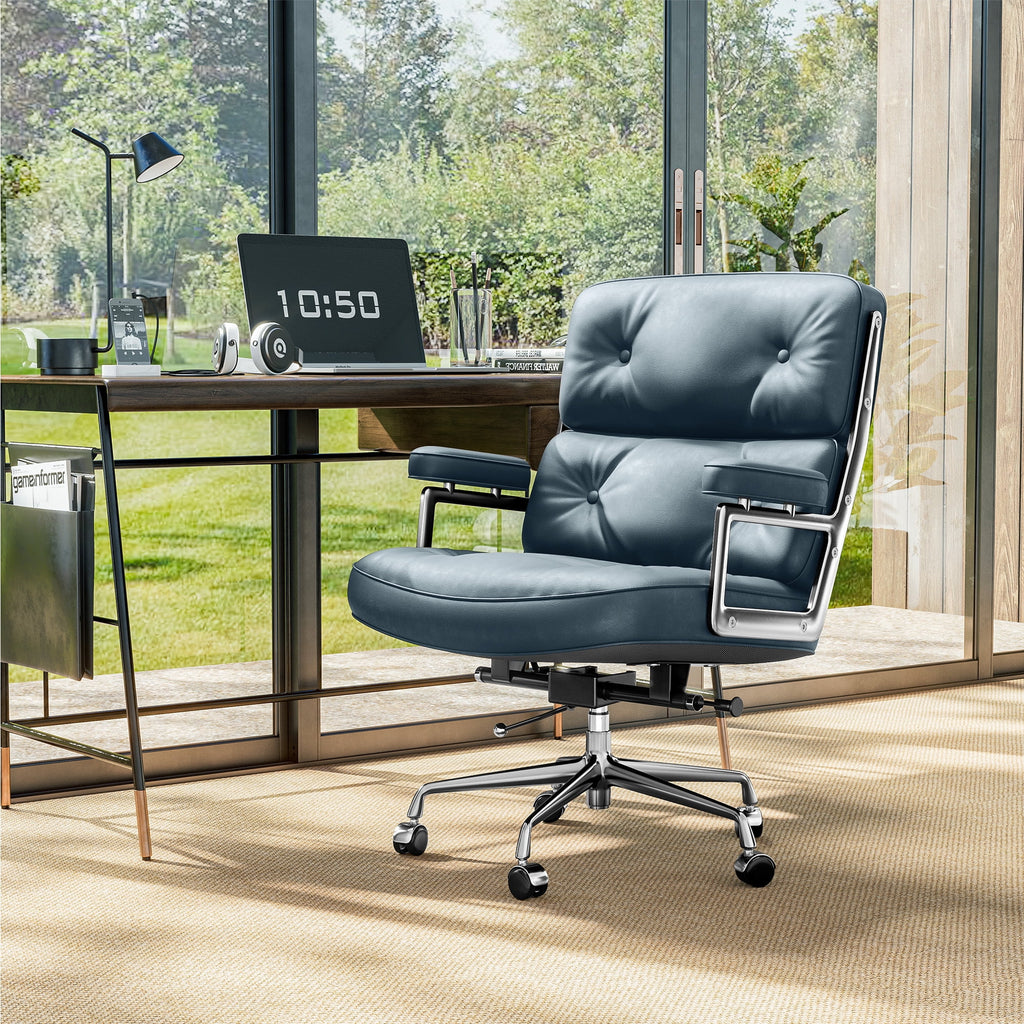 Cottinch Mid Back Genuine Leather Office Chair, Adjustable Height and Liftable Swivel Computer Chair with Rolling Casters for Home Office Use
