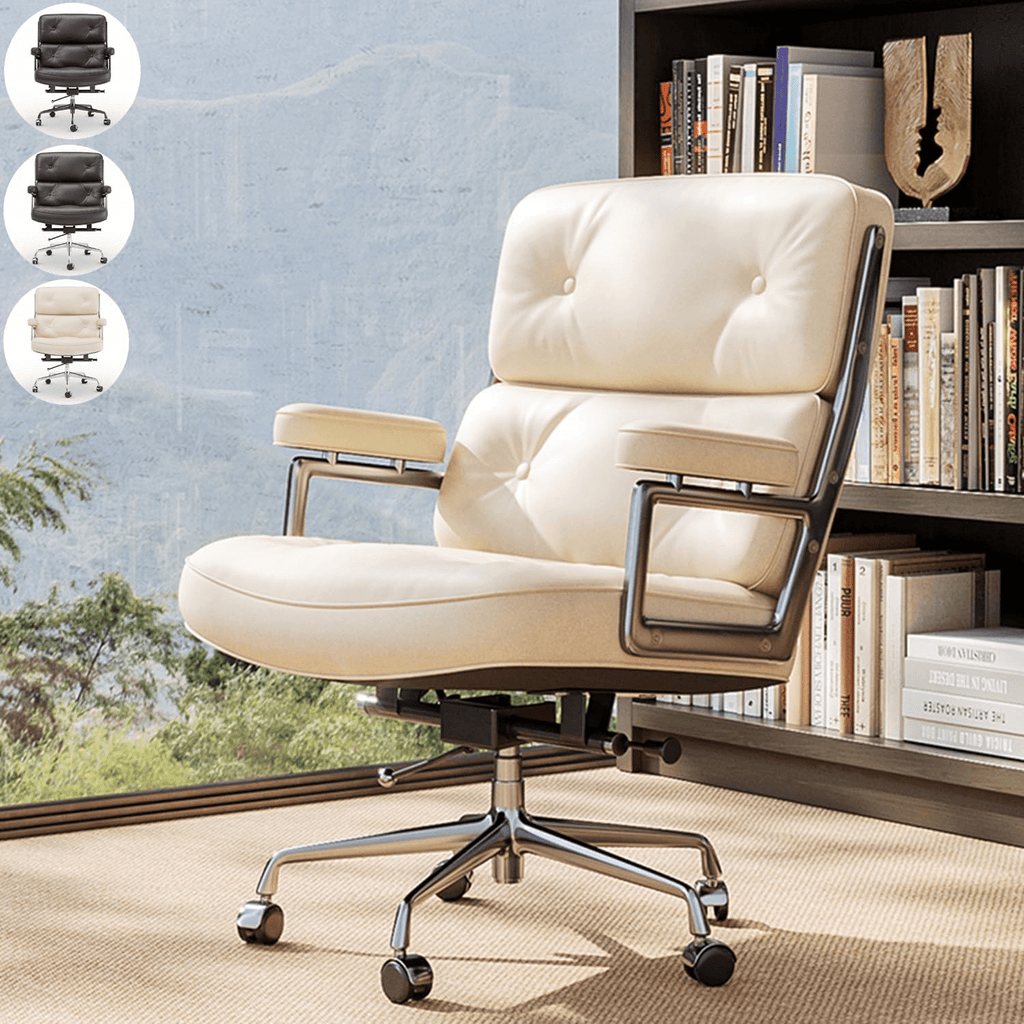 Cottinch Mid Back Genuine Leather Office Chair, Adjustable Height and Liftable Swivel Computer Chair with Rolling Casters for Home Office Use