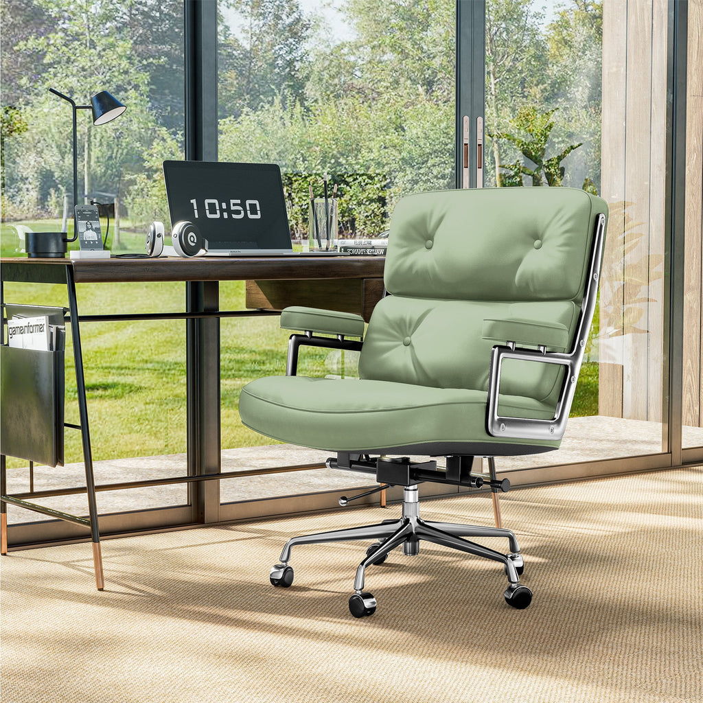 Cottinch Mid Back Genuine Leather Office Chair, Adjustable Height and Liftable Swivel Computer Chair with Rolling Casters for Home Office Use