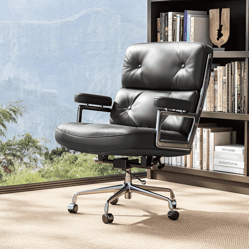 Cottinch Mid Back Genuine Leather Office Chair, Adjustable Height and Liftable Swivel Computer Chair with Rolling Casters for Home Office Use