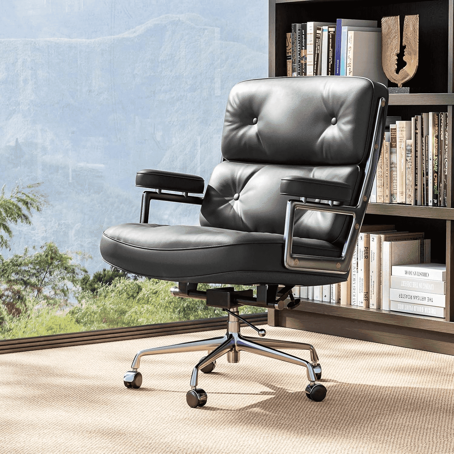 Cottinch Mid Back Genuine Leather Office Chair, Adjustable Height and Liftable Swivel Computer Chair with Rolling Casters for Home Office Use