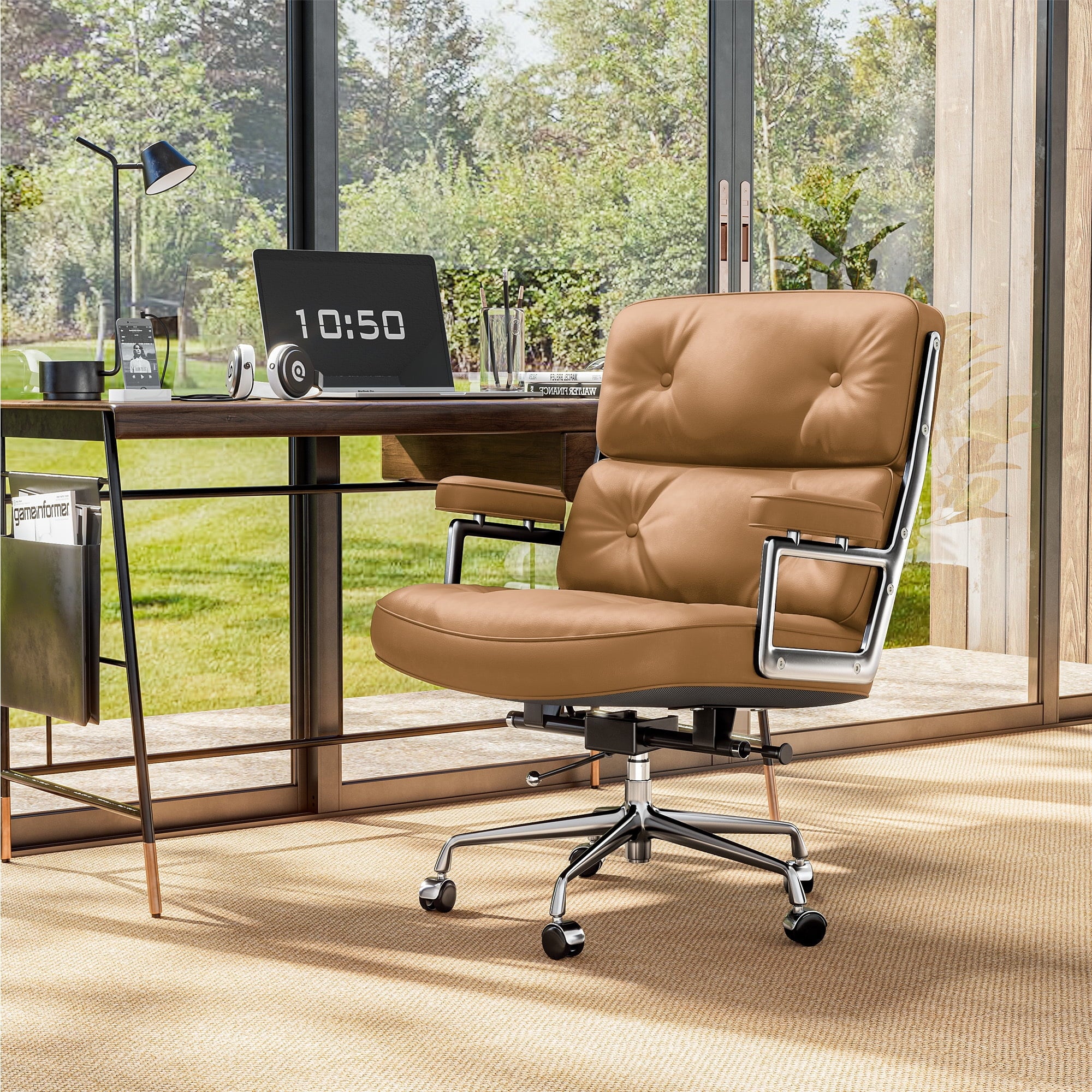 Cottinch Mid Back Genuine Leather Office Chair, Adjustable Height and Liftable Swivel Computer Chair with Rolling Casters for Home Office Use