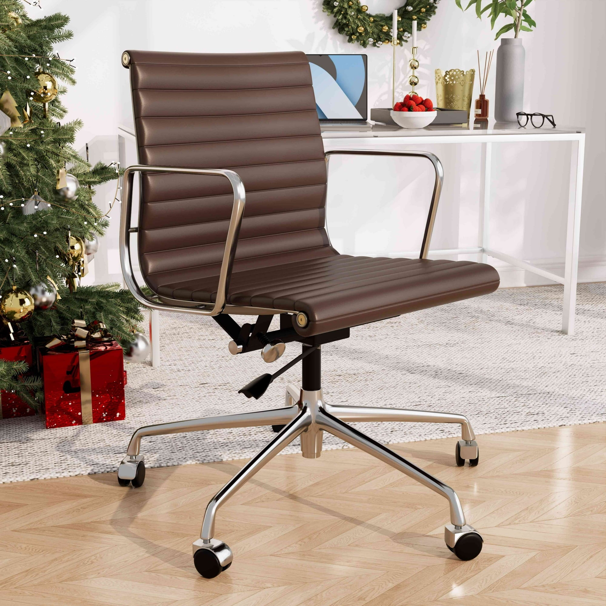 Cottinch Ribbed Genuine Leather Office Chair, Adjustable Ergonomic Computer Chair for Home Office Use