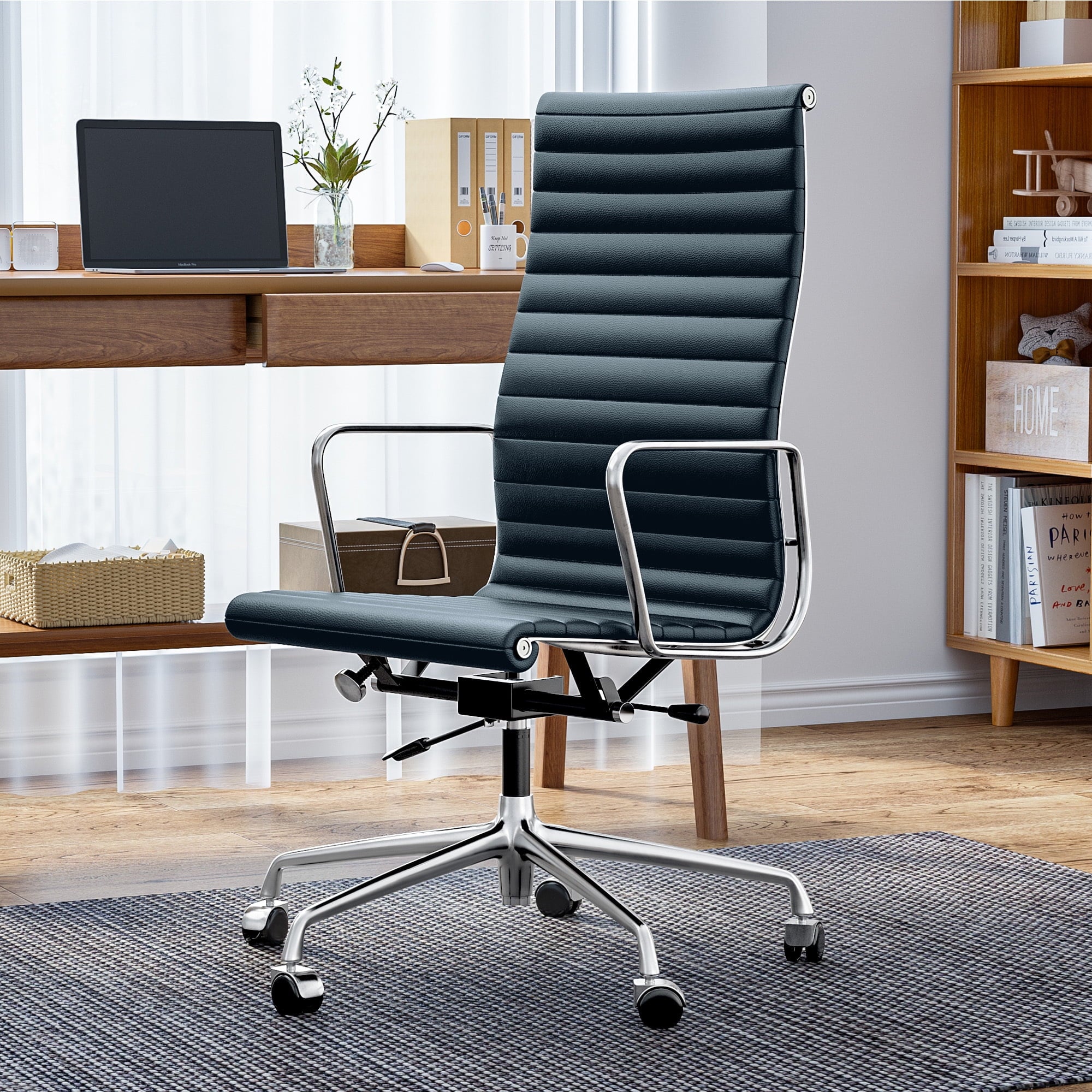 Raffle Pinker Ribbed Genuine Leather Office Desk Chair High Back Executive Conference Room Chair Adjustable Computer Chair Swivel Chair with Arms for Home Office