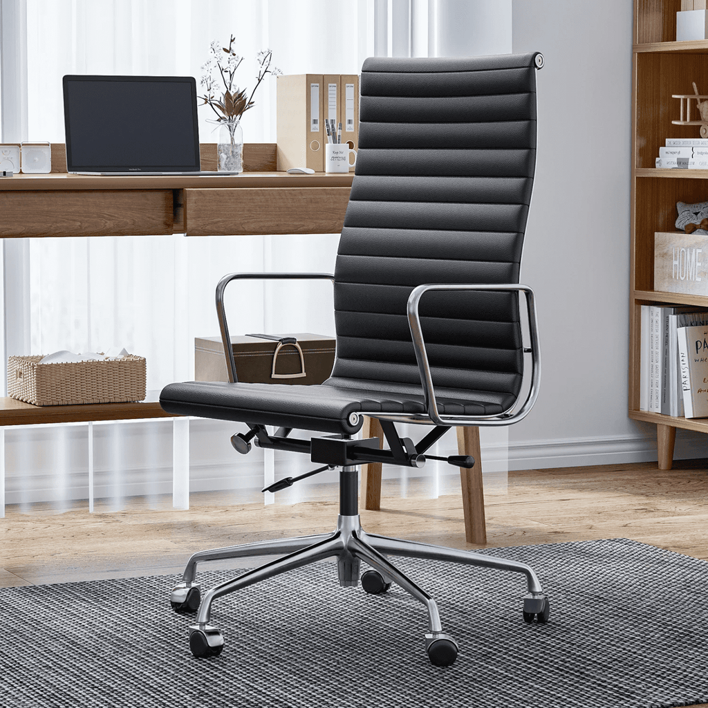 Raffle Pinker Ribbed Genuine Leather Office Desk Chair High Back Executive Conference Room Chair Adjustable Computer Chair Swivel Chair with Arms for Home Office