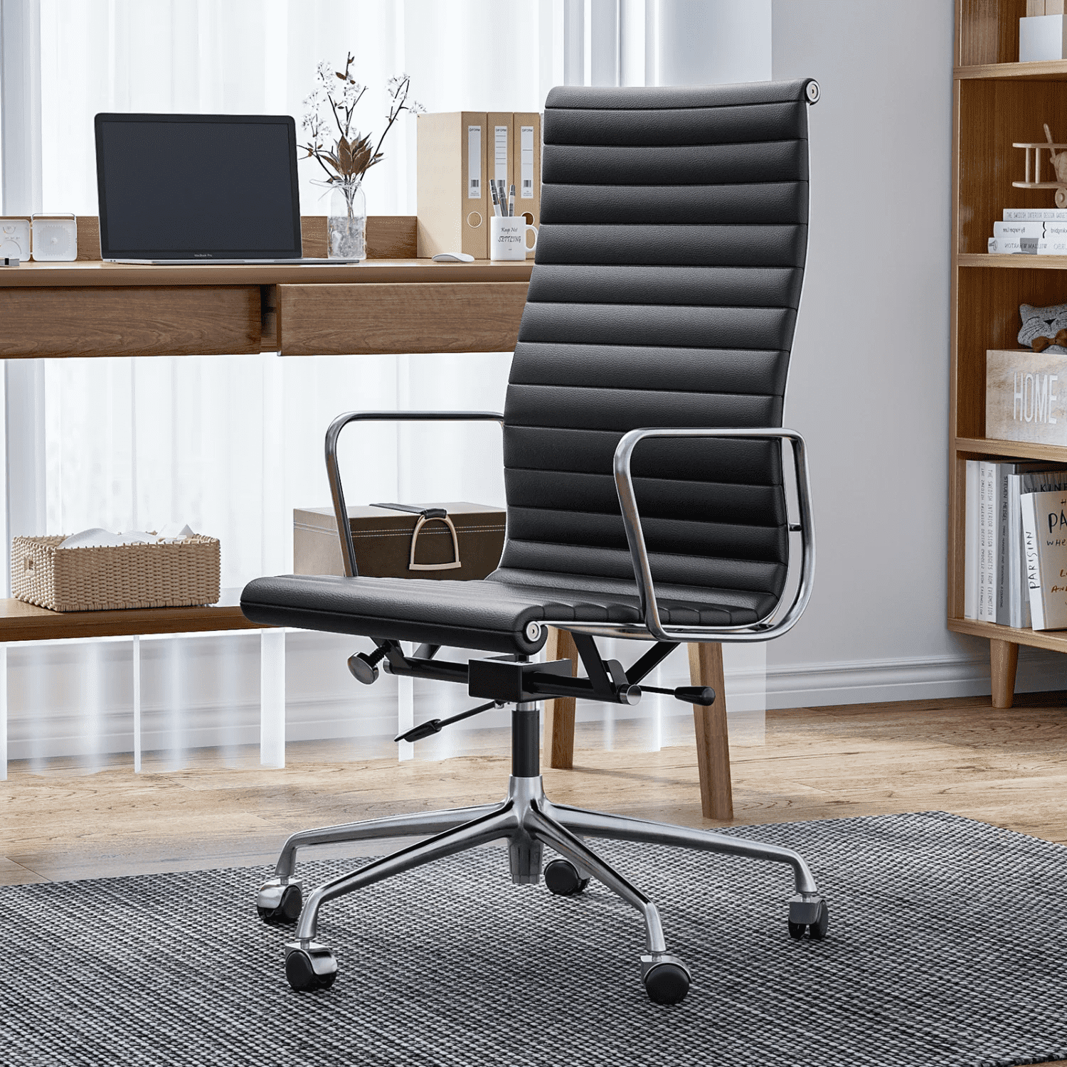 Raffle Pinker Ribbed Genuine Leather Office Desk Chair High Back Executive Conference Room Chair Adjustable Computer Chair Swivel Chair with Arms for Home Office