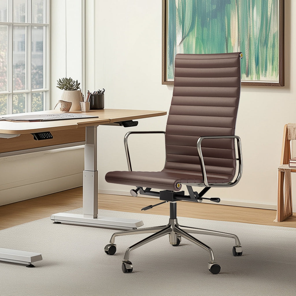 Raffle Pinker Ribbed Genuine Leather Office Desk Chair High Back Executive Conference Room Chair Adjustable Computer Chair Swivel Chair with Arms for Home Office