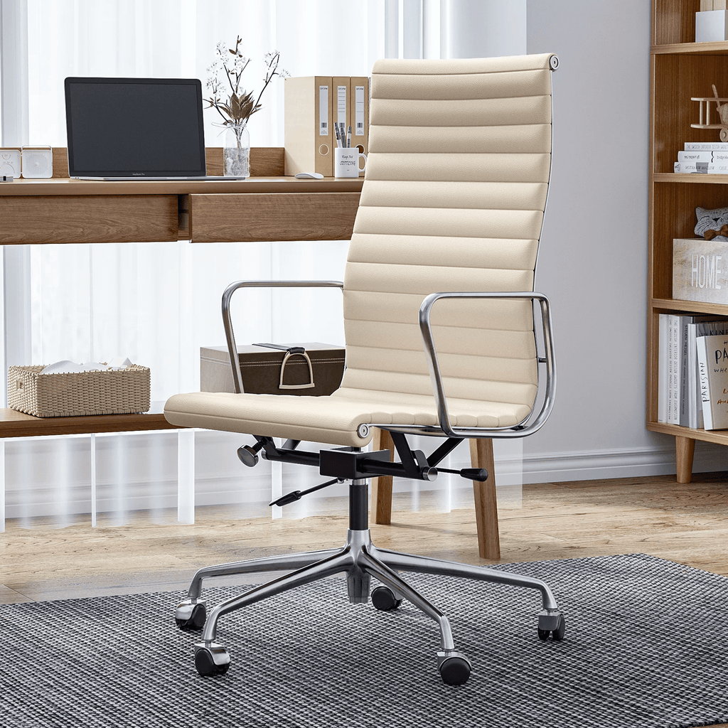 Raffle Pinker Ribbed Genuine Leather Office Desk Chair High Back Executive Conference Room Chair Adjustable Computer Chair Swivel Chair with Arms for Home Office