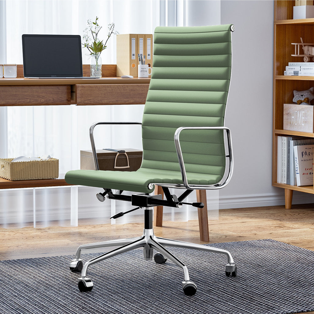 Raffle Pinker Ribbed Genuine Leather Office Desk Chair High Back Executive Conference Room Chair Adjustable Computer Chair Swivel Chair with Arms for Home Office