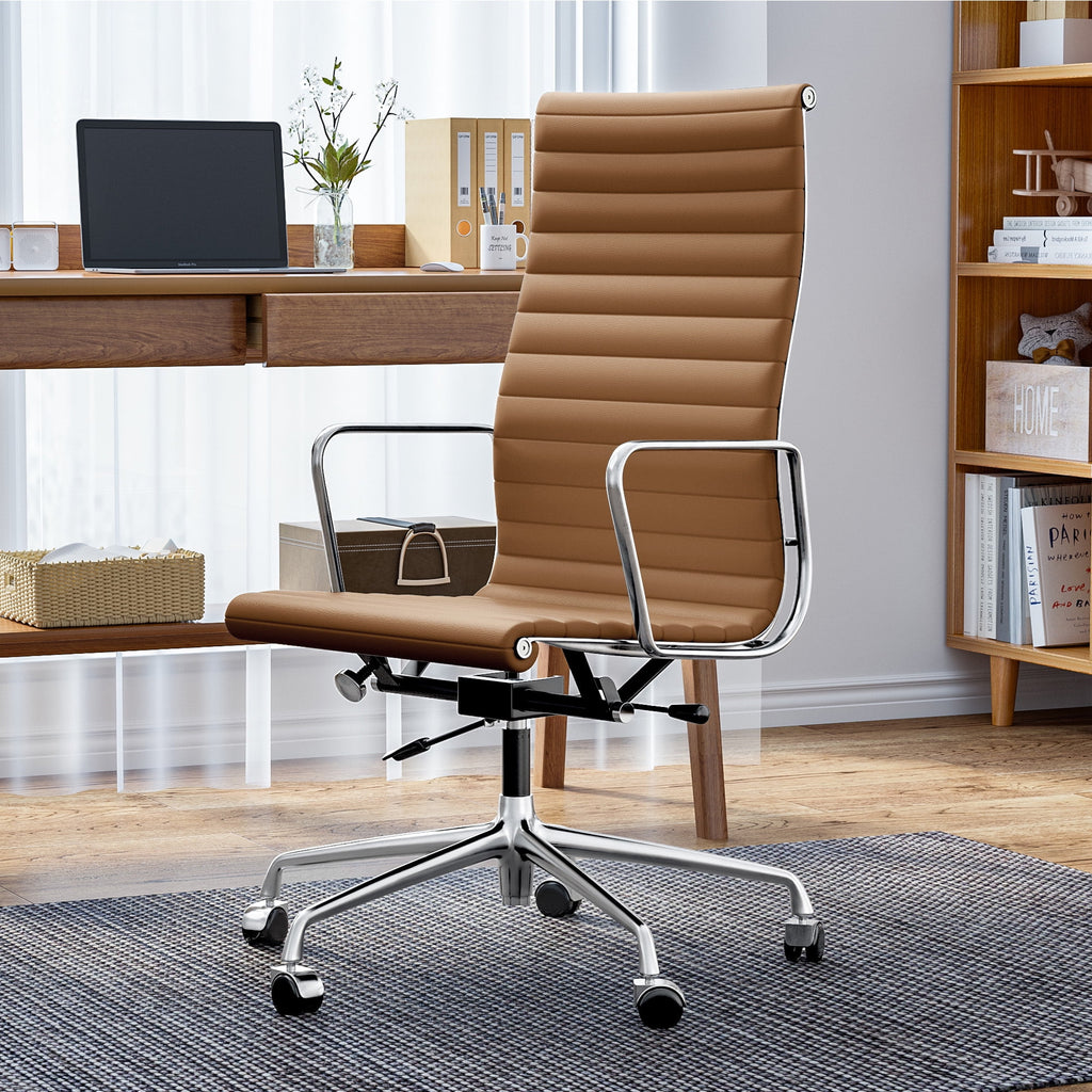 Raffle Pinker Ribbed Genuine Leather Office Desk Chair High Back Executive Conference Room Chair Adjustable Computer Chair Swivel Chair with Arms for Home Office