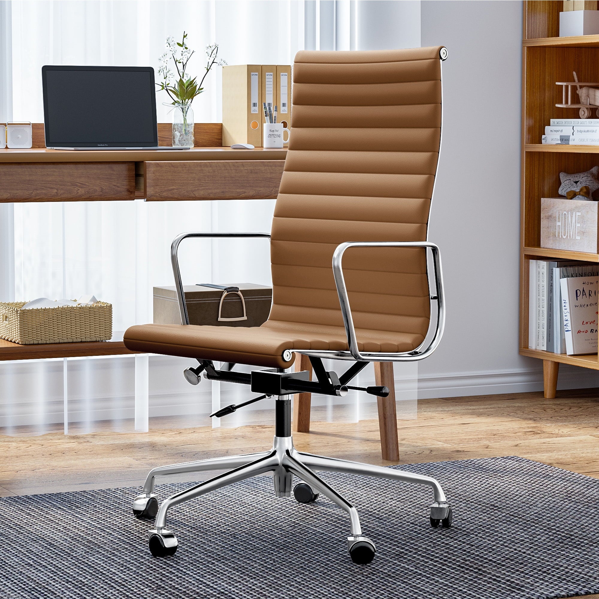 Raffle Pinker Ribbed Genuine Leather Office Desk Chair High Back Executive Conference Room Chair Adjustable Computer Chair Swivel Chair with Arms for Home Office