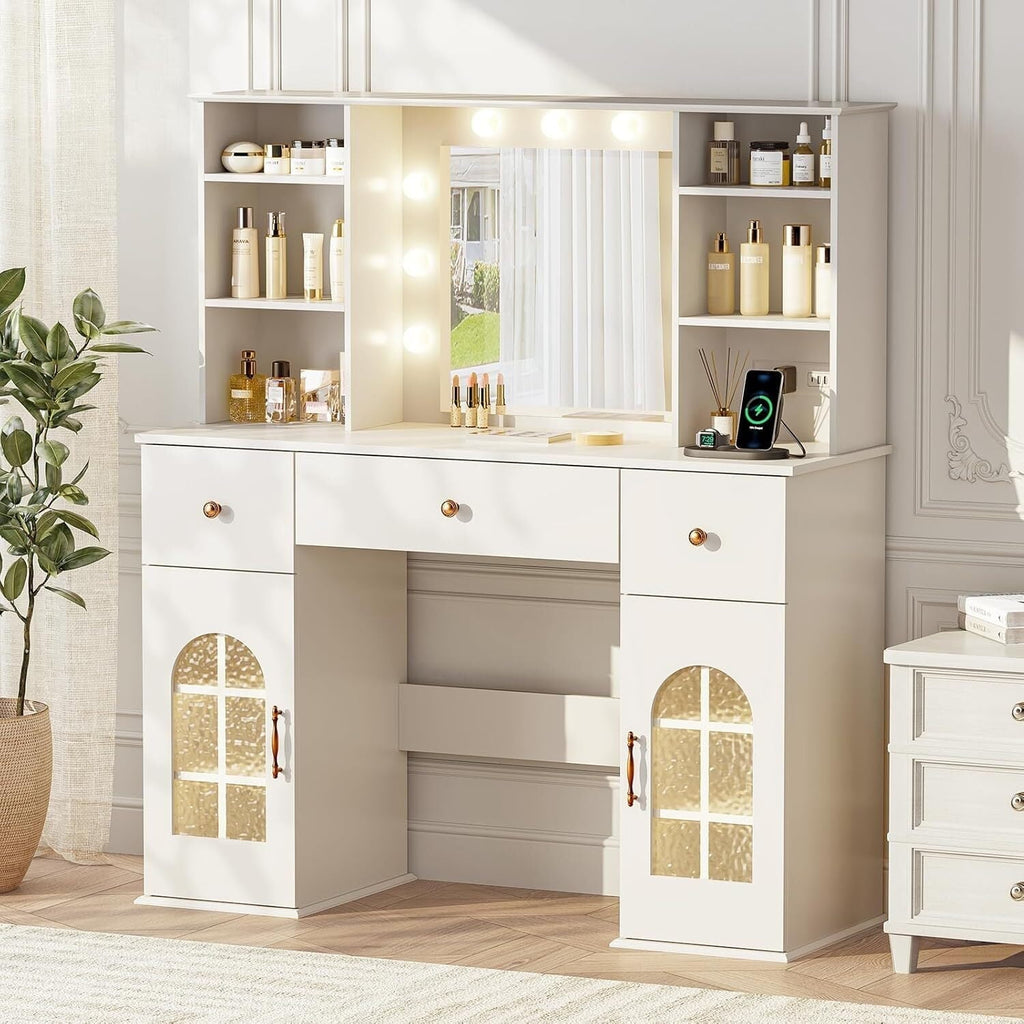 Cottinch Vanity Desk with Mirror and Lights, 47.2" Makeup Vanity Table with 3 Color Modes Arched Window Cabinet & Power Outlet, 3 Drawers, 8 Storage Shelves, Large Dressing Table for Bedroom