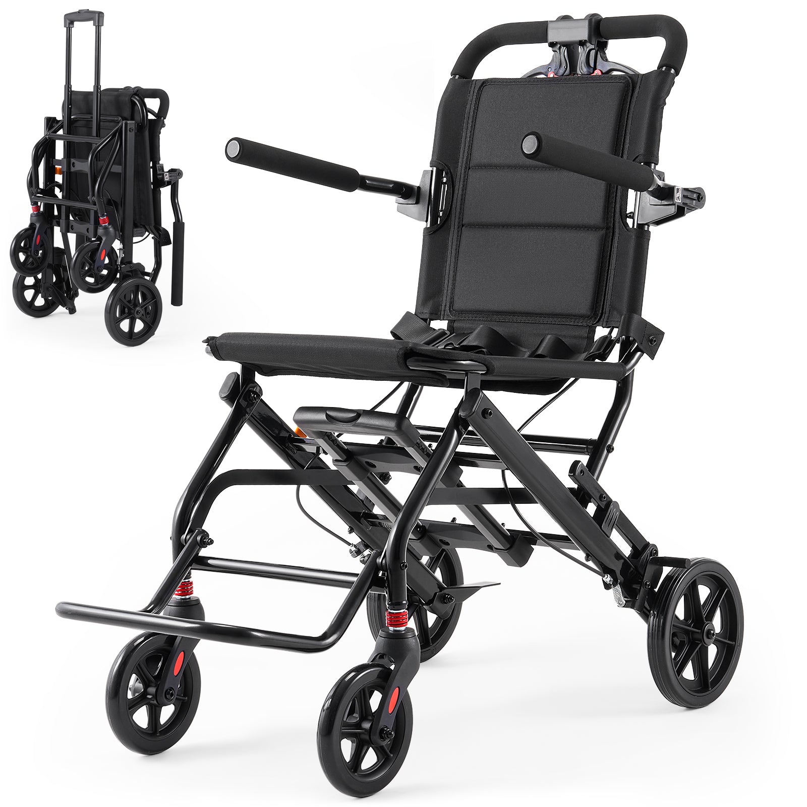 Verpal Lightweight Foldable Transport Wheelchair for Seniors, Portable Steel Travel Wheelchair with Telescopic Handle & Safety Belt & Hand Brake, Folding Transfer Wheel Chair for Travel, Airplane