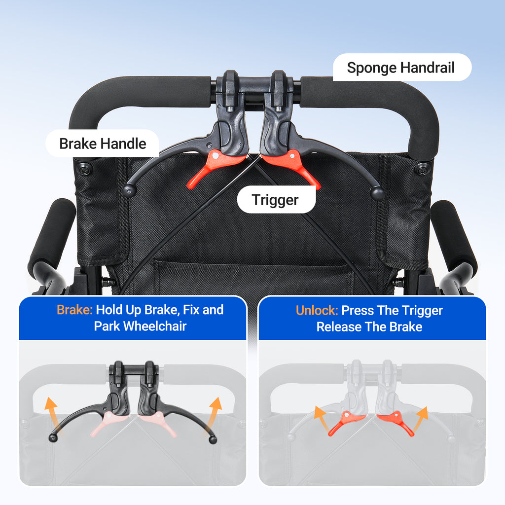 Verpal Lightweight Foldable Transport Wheelchair for Seniors, Portable Steel Travel Wheelchair with Telescopic Handle & Safety Belt & Hand Brake, Folding Transfer Wheel Chair for Travel, Airplane