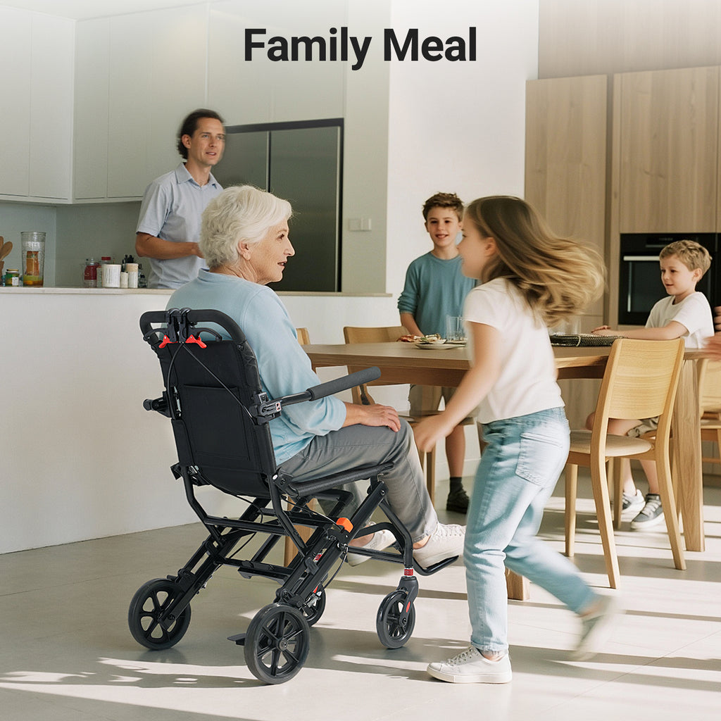 Morrean Lightweight Elderly Transport Wheelchair, Foldable Travel Wheelchair Portable Lightweight Folding Transfer Wheel Chair with Telescopic Handle & Locking Handbrake, 7.5" Rear Wheels