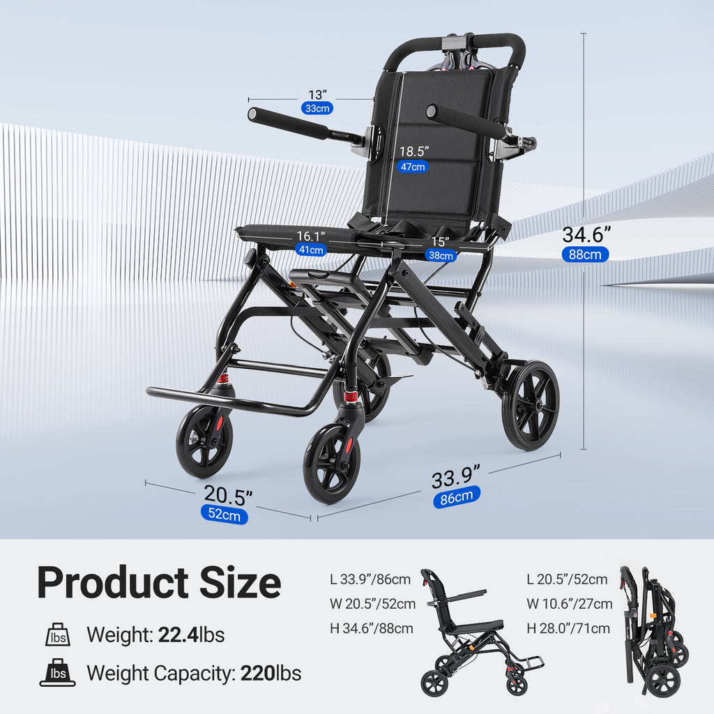 Verpal Lightweight Foldable Transport Wheelchair for Seniors, Portable Steel Travel Wheelchair with Telescopic Handle & Safety Belt & Hand Brake, Folding Transfer Wheel Chair for Travel, Airplane