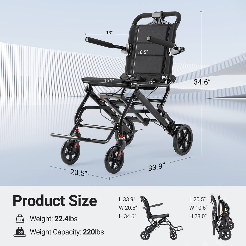 Verpal Lightweight Foldable Transport Wheelchair for Seniors, Portable Steel Travel Wheelchair with Telescopic Handle & Safety Belt & Hand Brake, Folding Transfer Wheel Chair for Travel, Airplane