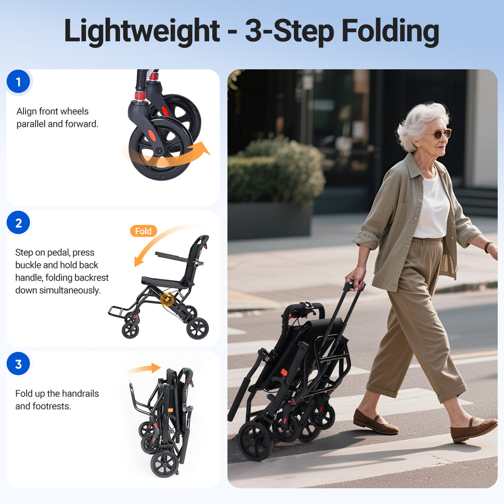 Verpal Lightweight Foldable Transport Wheelchair for Seniors, Portable Steel Travel Wheelchair with Telescopic Handle & Safety Belt & Hand Brake, Folding Transfer Wheel Chair for Travel, Airplane