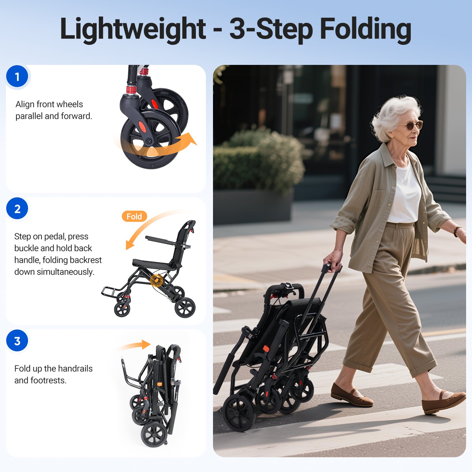 Verpal Lightweight Foldable Transport Wheelchair for Seniors, Portable Steel Travel Wheelchair with Telescopic Handle & Safety Belt & Hand Brake, Folding Transfer Wheel Chair for Travel, Airplane