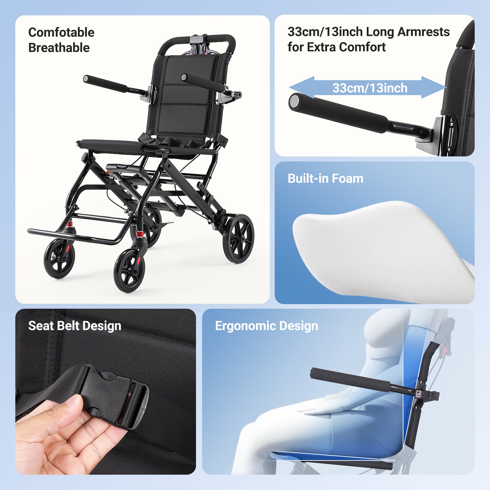 Verpal Lightweight Foldable Transport Wheelchair for Seniors, Portable Steel Travel Wheelchair with Telescopic Handle & Safety Belt & Hand Brake, Folding Transfer Wheel Chair for Travel, Airplane