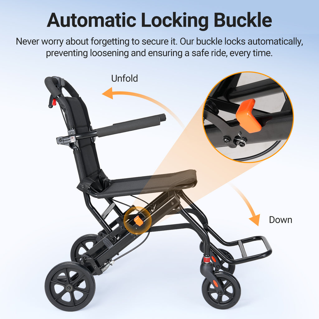 Verpal Lightweight Foldable Transport Wheelchair for Seniors, Portable Steel Travel Wheelchair with Telescopic Handle & Safety Belt & Hand Brake, Folding Transfer Wheel Chair for Travel, Airplane