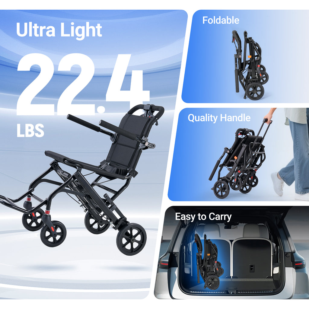 Verpal Lightweight Foldable Transport Wheelchair for Seniors, Portable Steel Travel Wheelchair with Telescopic Handle & Safety Belt & Hand Brake, Folding Transfer Wheel Chair for Travel, Airplane