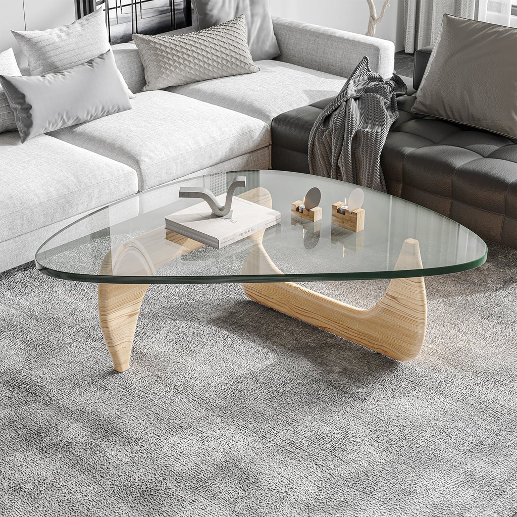 Cottinch 50" Triangle Glass Coffee Table with Wood Base for Living Room Office
