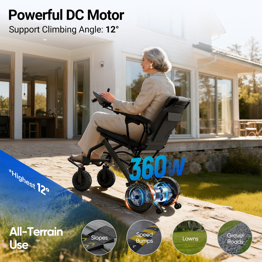 Morrean Lightweight Electric Wheelchair for Seniors, 10 Miles Range, 16.5" Cushion Seat, 6Ah Battery, 38lb Foldable All-Terrain Motorized Wheelchair Up to 250lb