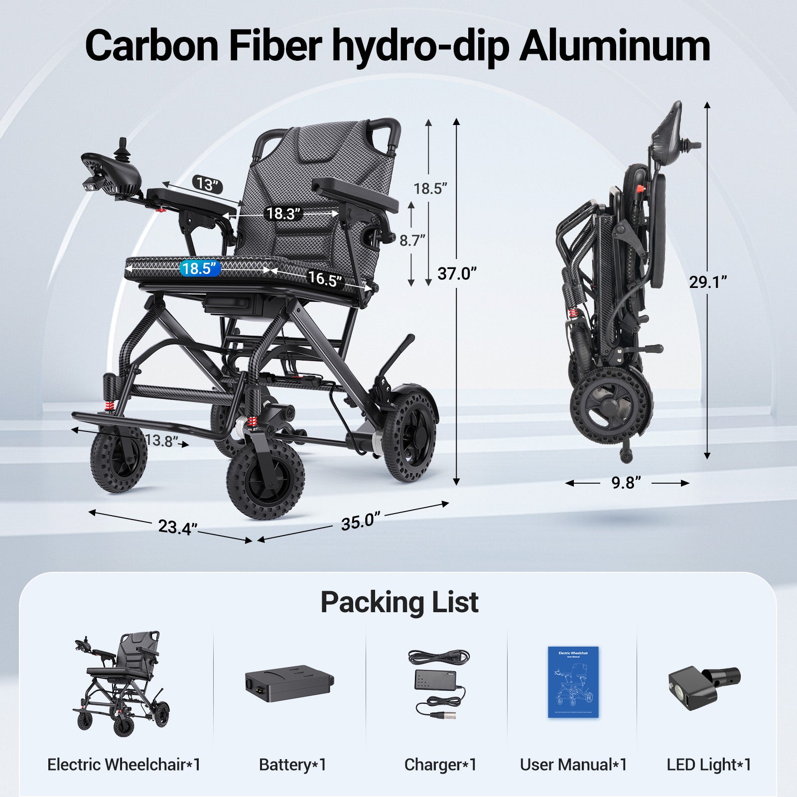 Morrean Lightweight Electric Wheelchair for Seniors, 15 Miles Range, 18.5" Cushion Seat, 12Ah Battery, 39.7lb Foldable All-Terrain Motorized Wheelchair Up to 300lb