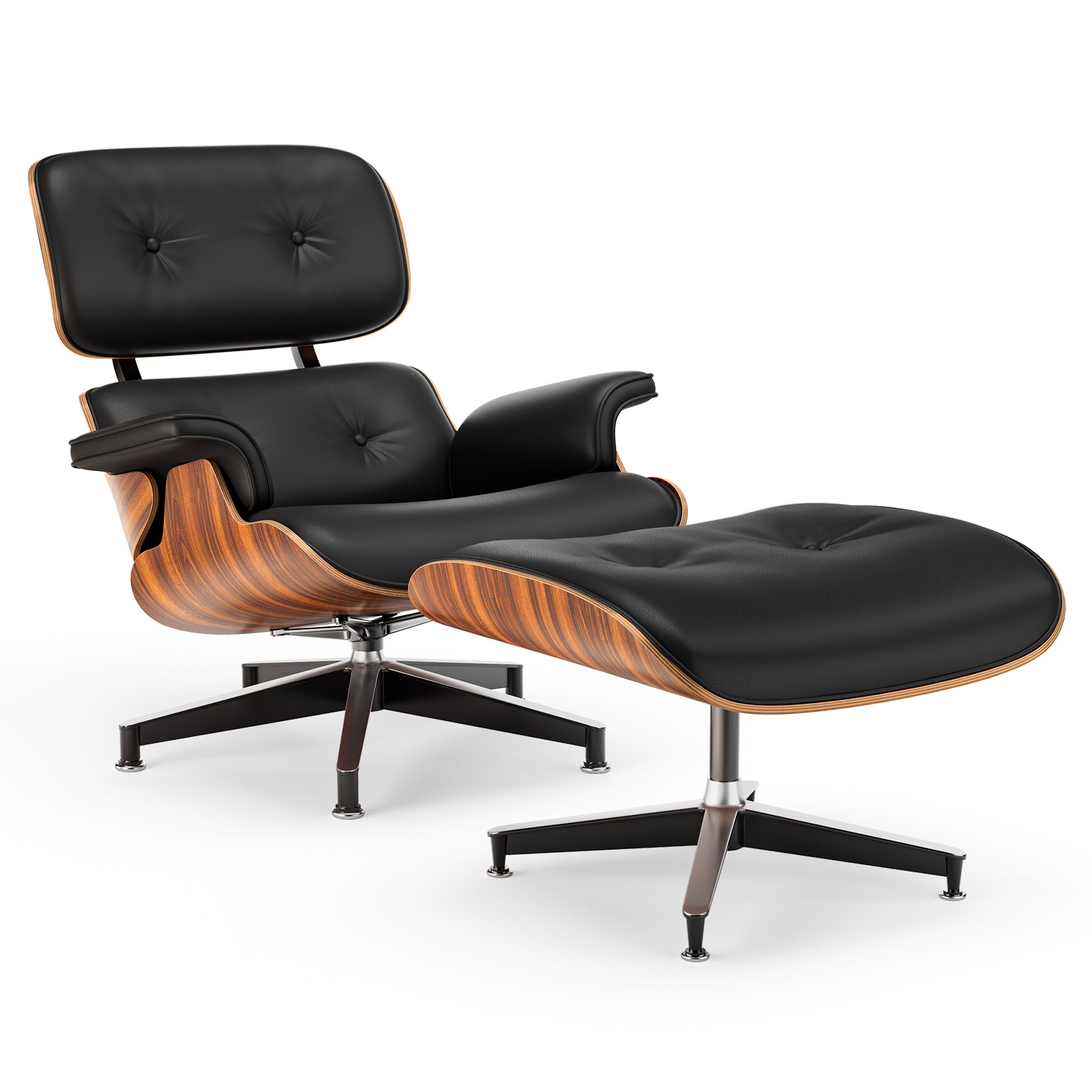 Cottinch Top Black Grain Leather, Mid Century Chaise Lounge Chair with Ottoman, Modern Leather Armchair Swivel Accent Chair and Metal Base for Living Room Office, Walnut Pattern