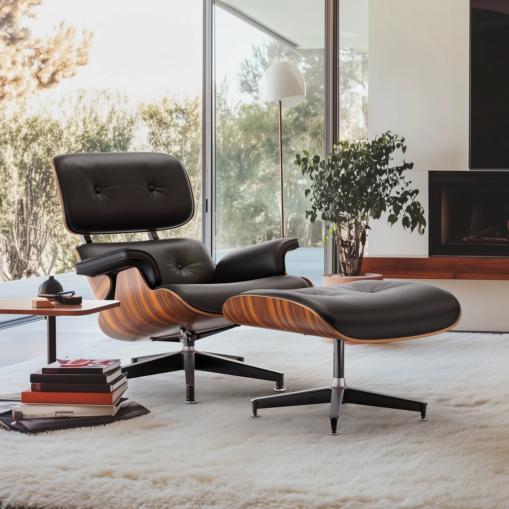 Cottinch Mid Century Chaise Lounge Chair with Ottoman, Modern PU Leather Accent Chair Swivel Armchair with Metal Base for Living Room, Top PU Leather, Rosewood White