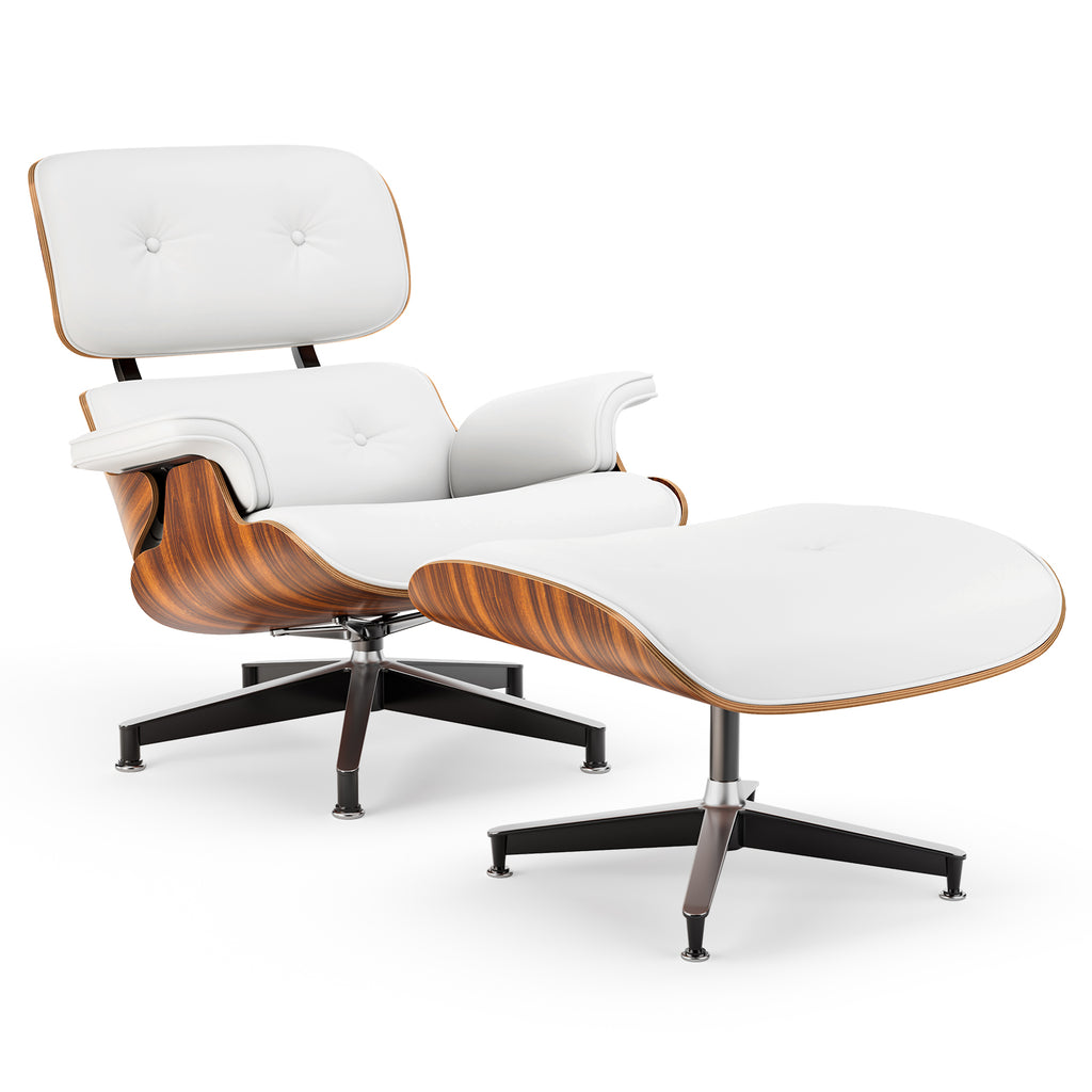 Cottinch Mid Century Chaise Lounge Chair with Ottoman, Modern PU Leather Accent Chair Swivel Armchair with Metal Base for Living Room, Top PU Leather, Rosewood White