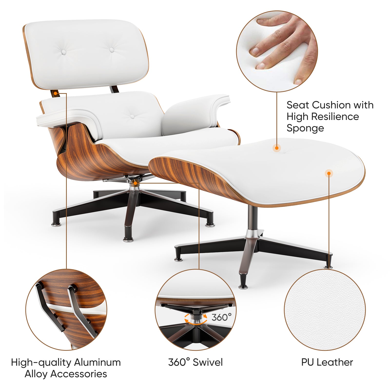 Cottinch Mid Century Chaise Lounge Chair with Ottoman, Modern PU Leather Accent Chair Swivel Armchair with Metal Base for Living Room, Top PU Leather, Rosewood White