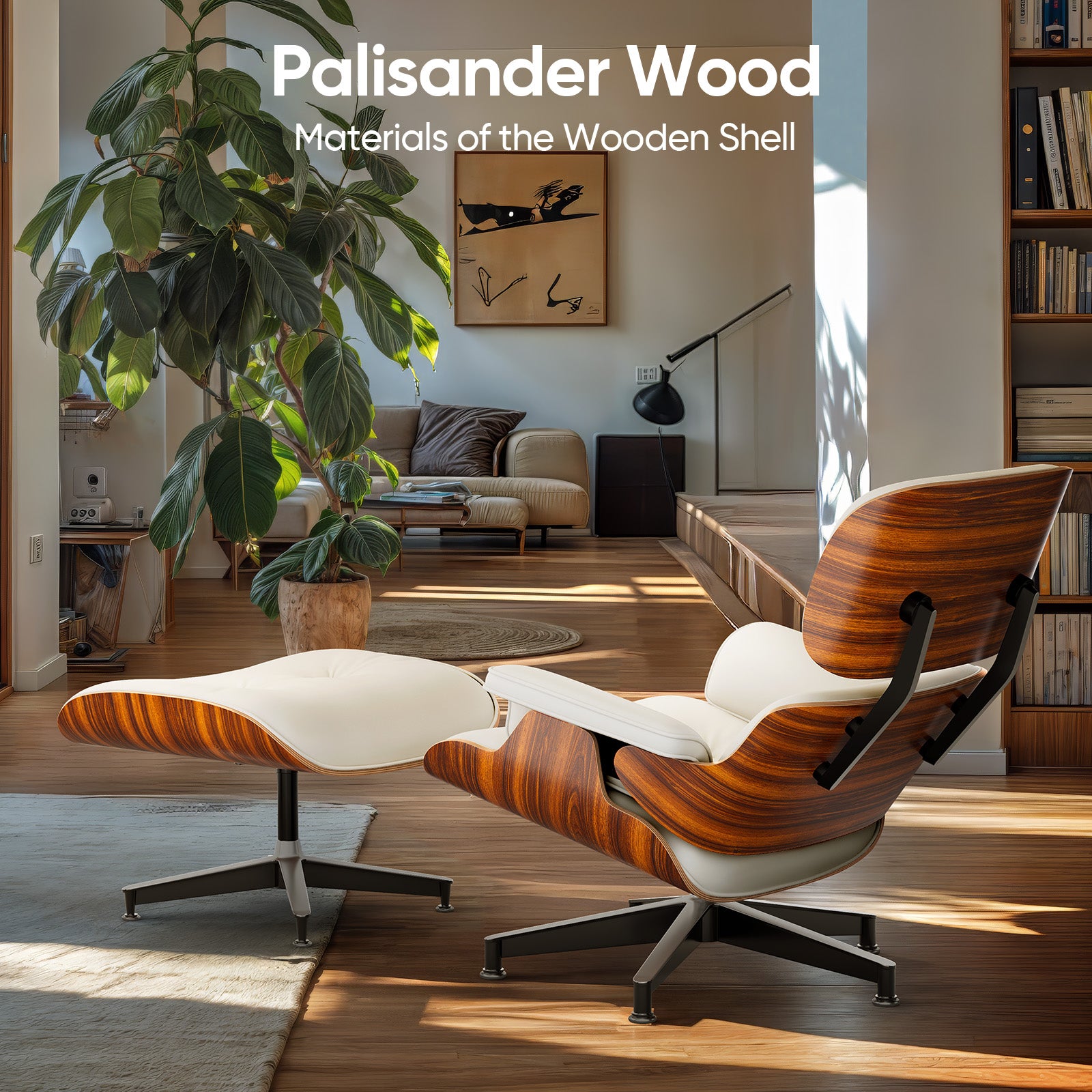 Cottinch Mid Century Chaise Lounge Chair with Ottoman, Modern PU Leather Accent Chair Swivel Armchair with Metal Base for Living Room, Top PU Leather, Rosewood White
