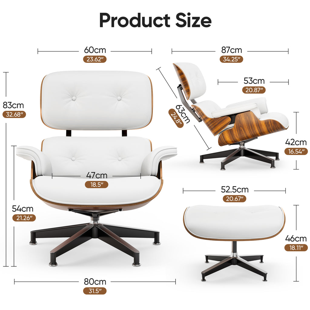 Cottinch Mid Century Chaise Lounge Chair with Ottoman, Modern PU Leather Accent Chair Swivel Armchair with Metal Base for Living Room, Top PU Leather, Rosewood White